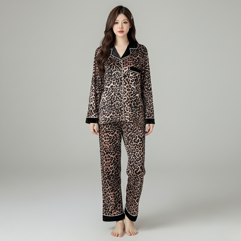 Pyjama Femme Velours – Ensemble Léopard Chaud Chemise & Pantalon