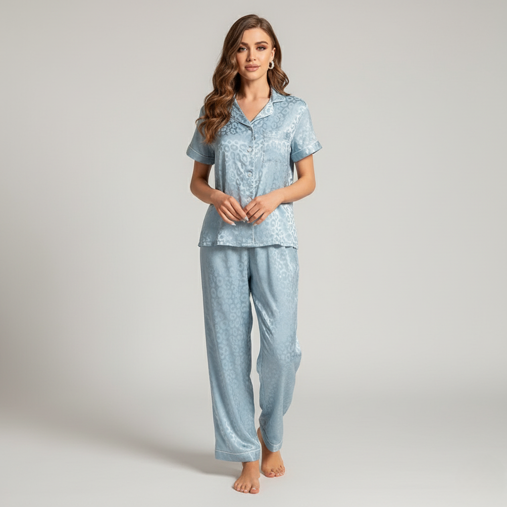 Pyjama Femme Léopard Bleu – Ensemble Satin Chic Chemise & Pantalon