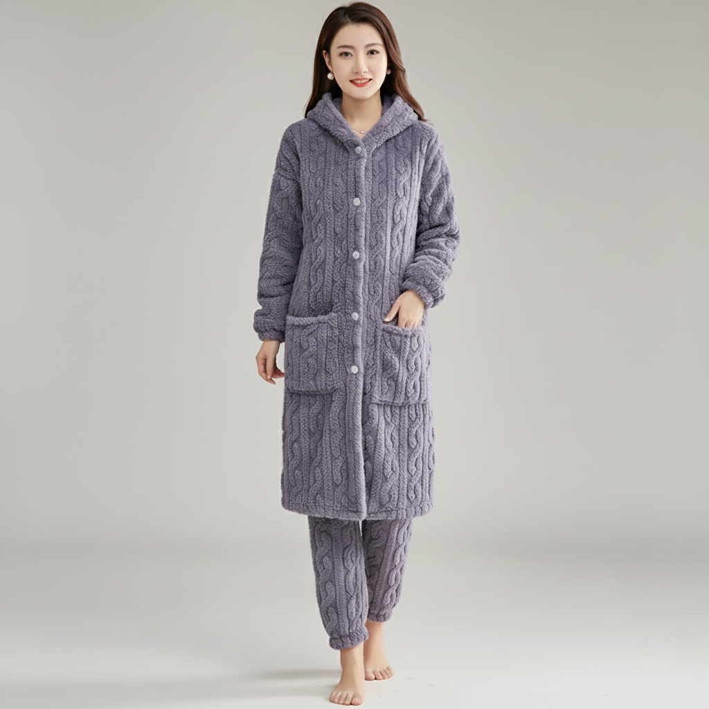 Pyjama Femme Chaud – Ensemble Long Pilou Pilou avec Capuche & Pantalon