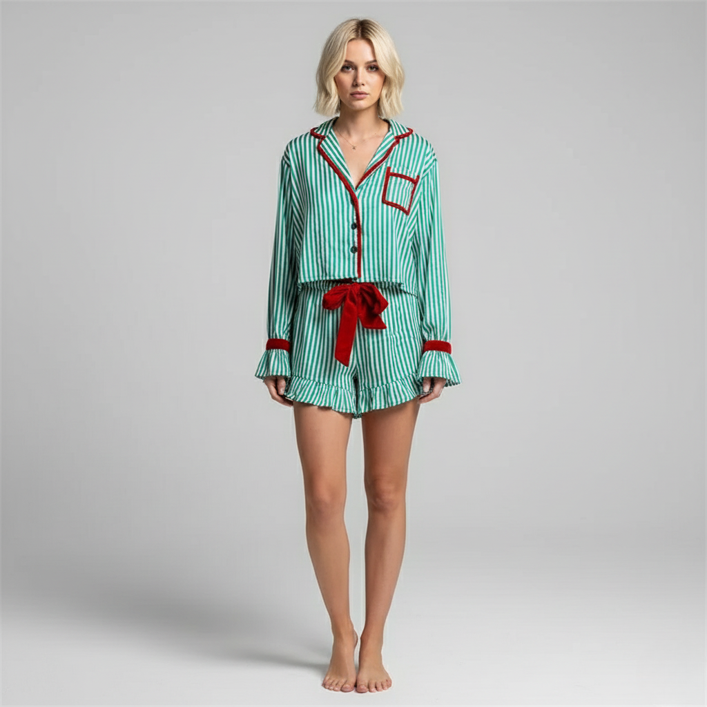 Pyjama Short Noël Femme – Ensemble Rayé Festif Chemise & Short