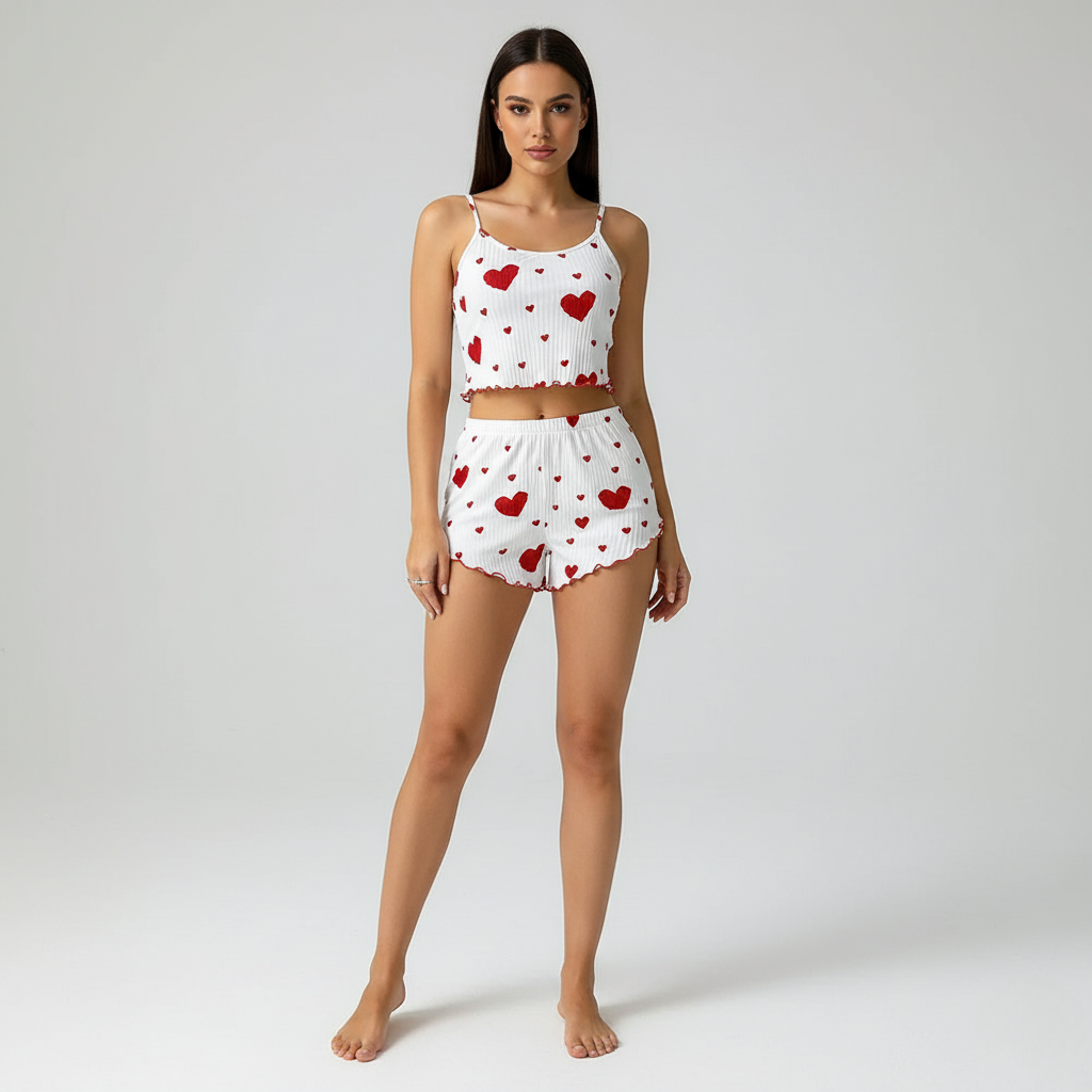 Ensemble Pyjama Femme Été – Short et Top Côtelé Imprimé Cœurs