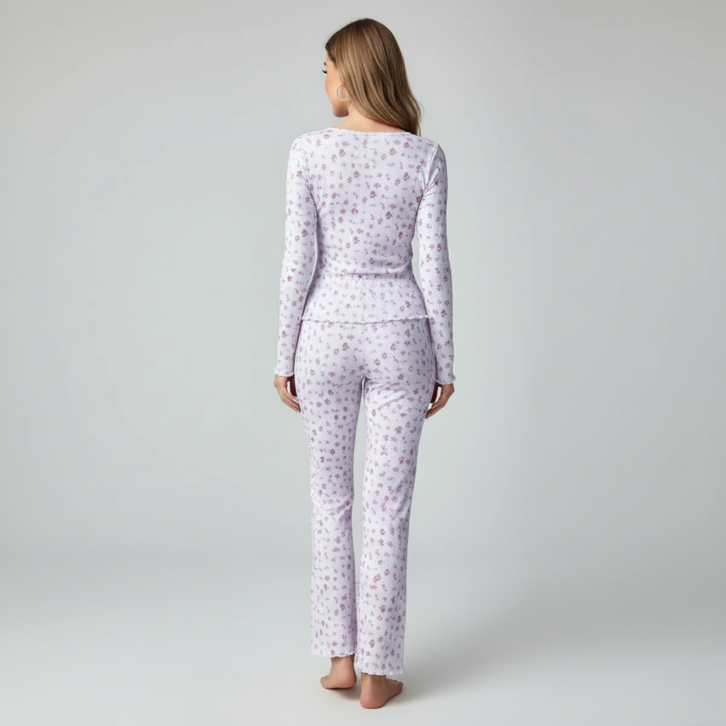 Pyjama Femme Long Fleuri – Ensemble Confort à Manches Longues