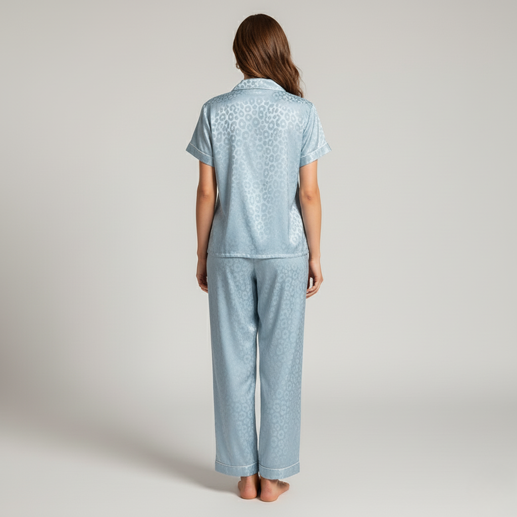 Pyjama Femme Léopard Bleu – Ensemble Satin Chic Chemise & Pantalon