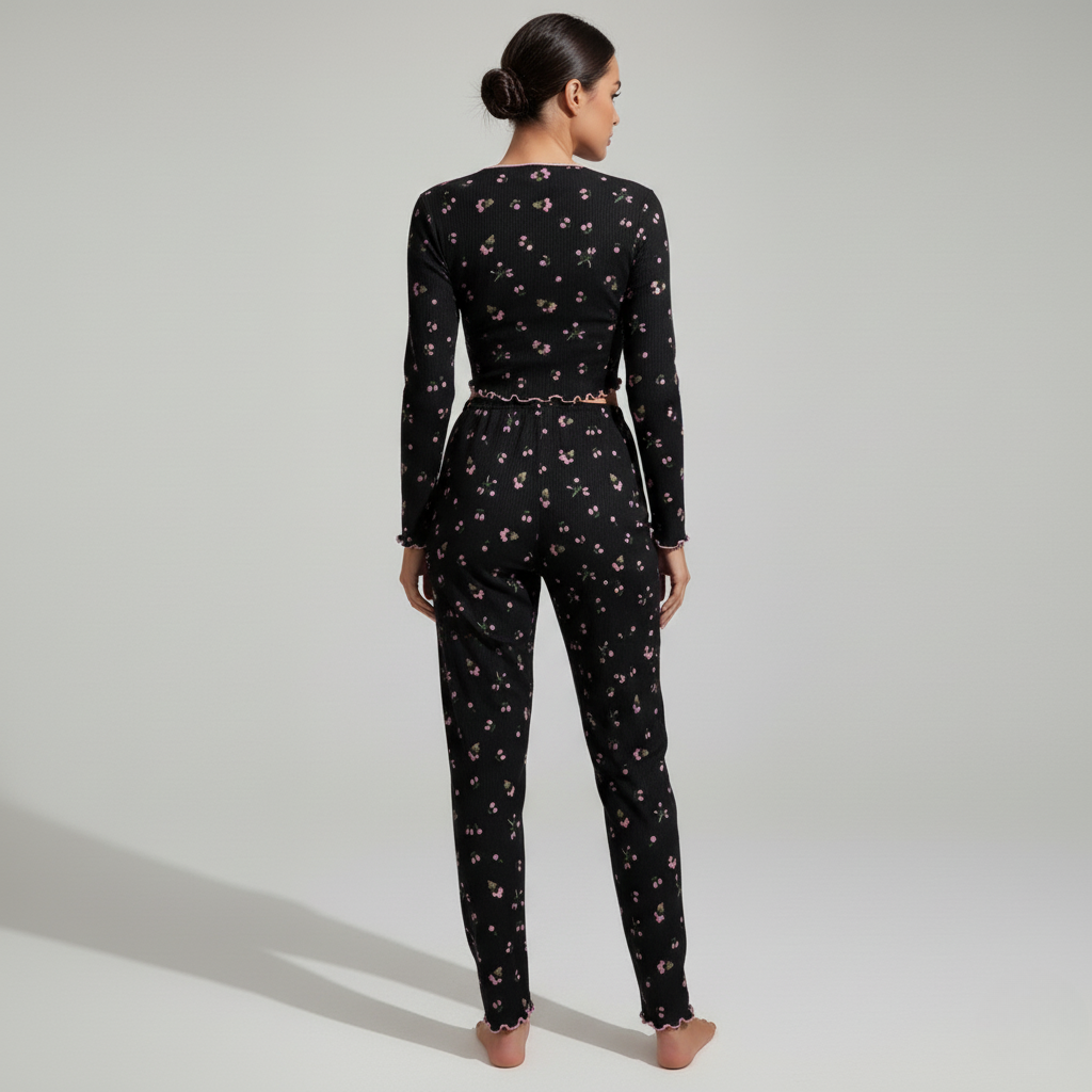 Pyjama Femme Confortable – Ensemble Fleuri Manches Longues & Pantalon