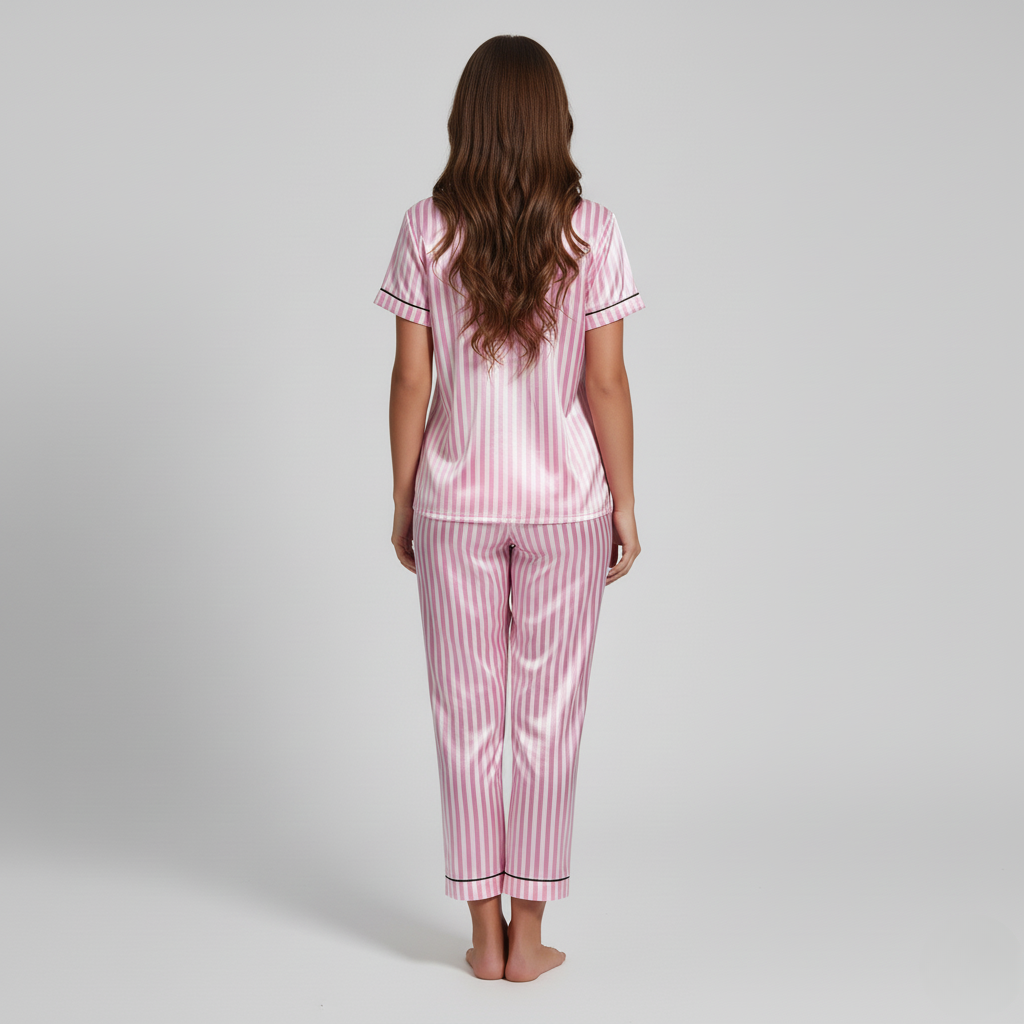 Pyjama Femme Rayé Satin Rose – Ensemble Chic Chemise & Pantalon