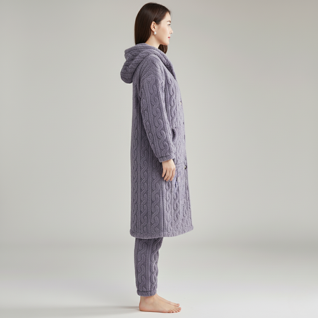 Pyjama Femme Chaud – Ensemble Long Pilou Pilou avec Capuche & Pantalon