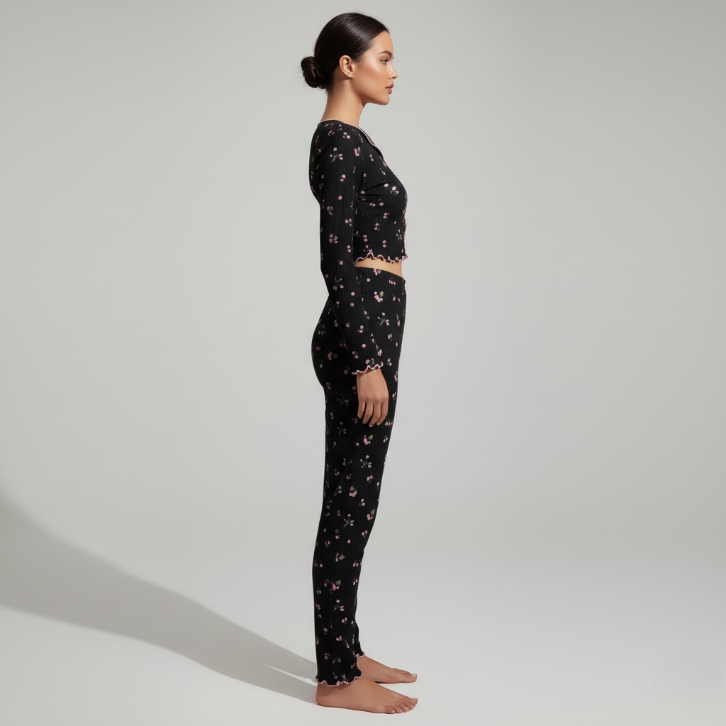 Pyjama Femme Confortable – Ensemble Fleuri Manches Longues & Pantalon