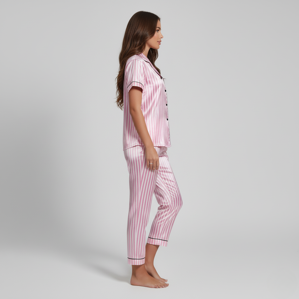 Pyjama Femme Rayé Satin Rose – Ensemble Chic Chemise & Pantalon