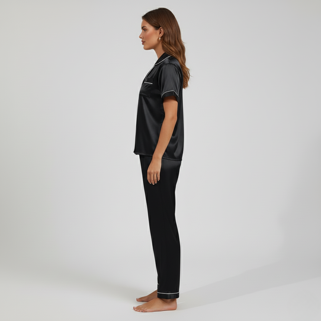 Pyjama Femme Élégant en Satin – Ensemble Chic à Manches Courtes