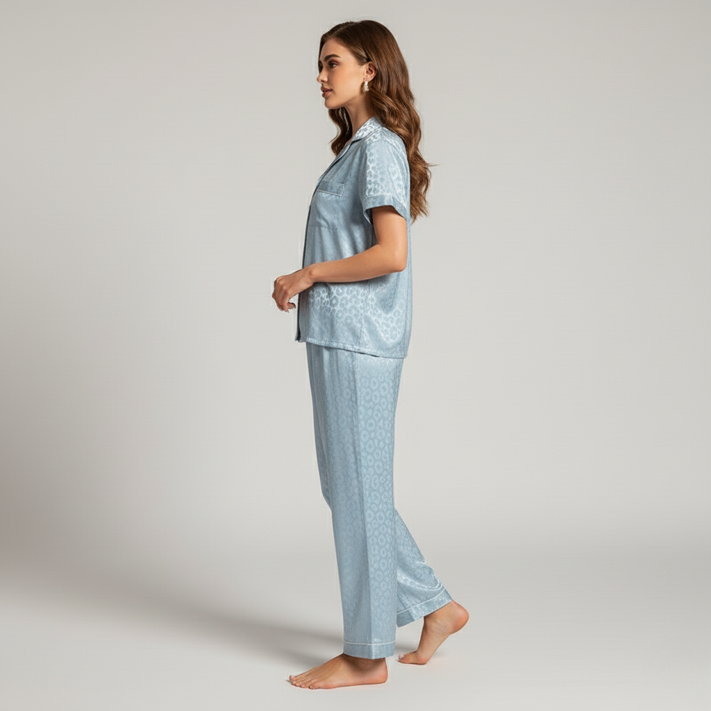 Pyjama Femme Léopard Bleu – Ensemble Satin Chic Chemise & Pantalon
