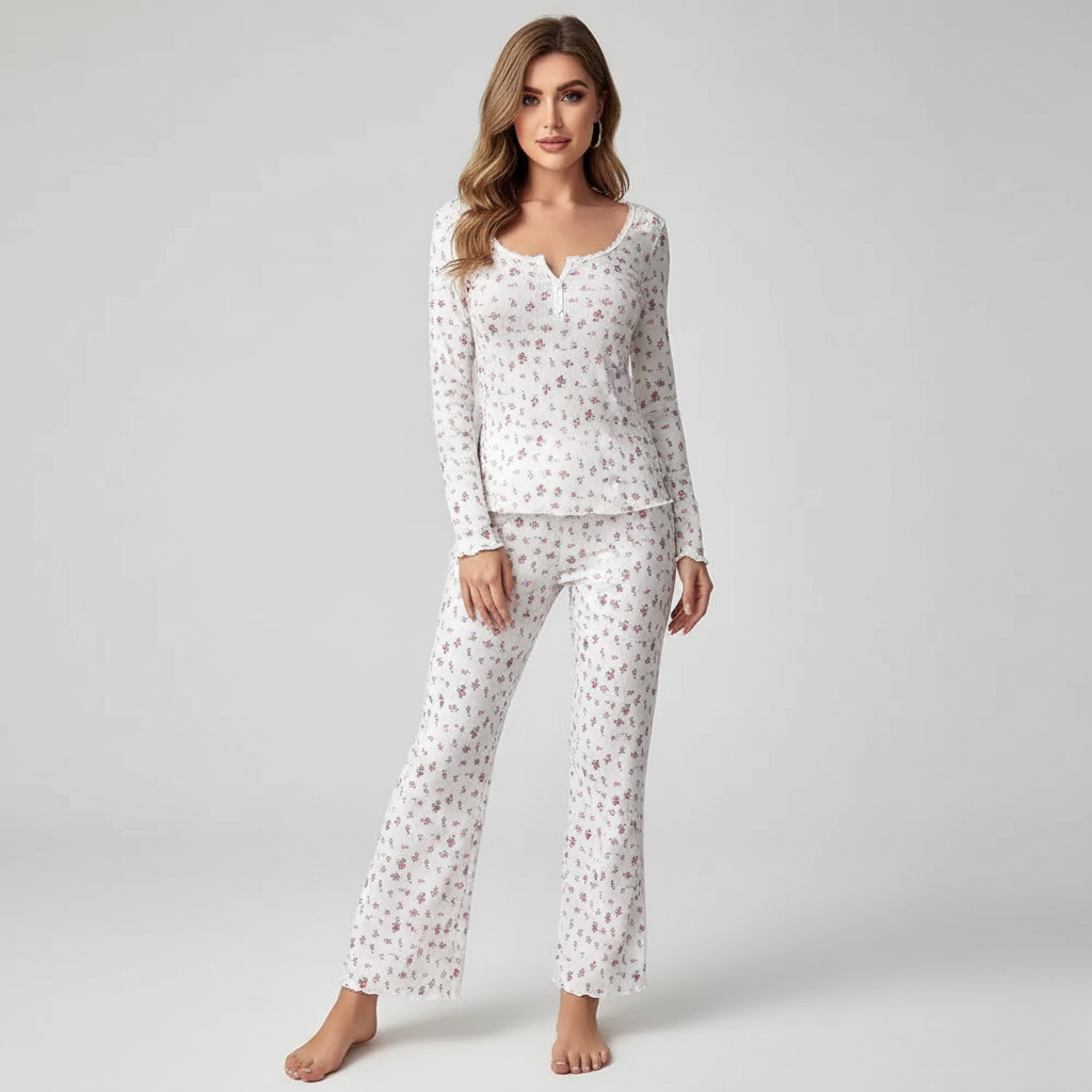 Pyjama Femme Long Fleuri – Ensemble Confort à Manches Longues