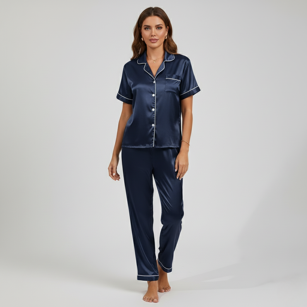 Pyjama Femme Élégant en Satin – Ensemble Chic à Manches Courtes
