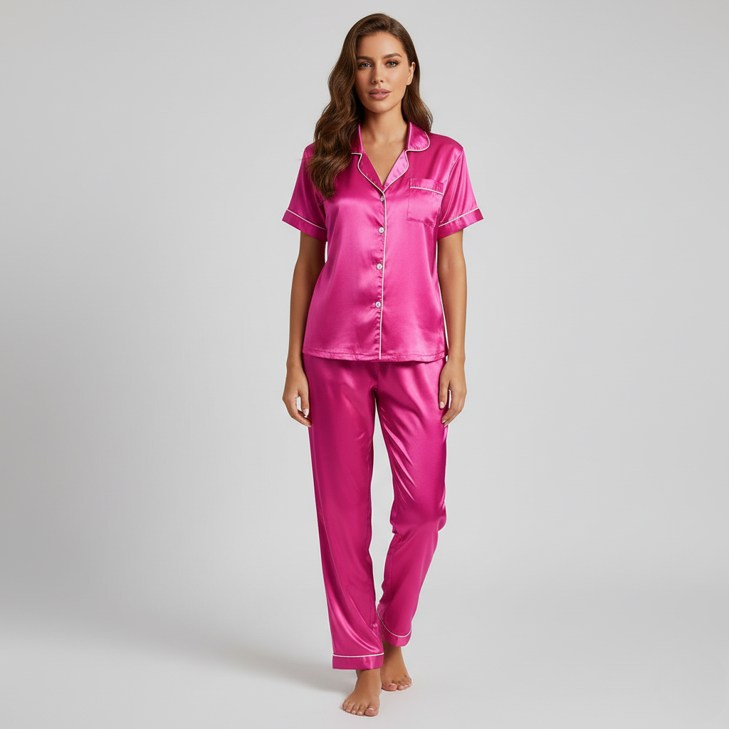 Pyjama Femme Élégant en Satin – Ensemble Chic à Manches Courtes