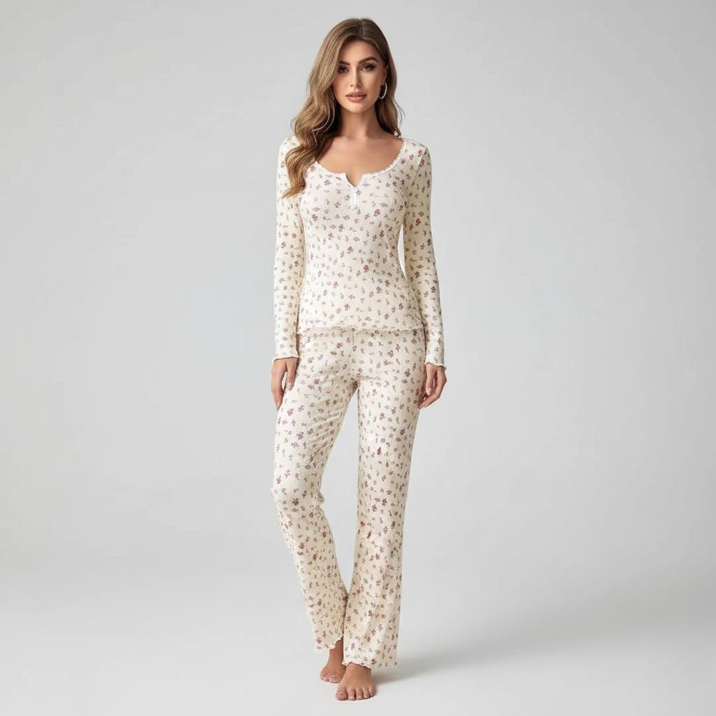 Pyjama Femme Long Fleuri – Ensemble Confort à Manches Longues