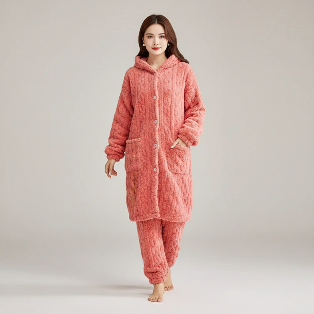 Pyjama Femme Chaud – Ensemble Long Pilou Pilou avec Capuche & Pantalon
