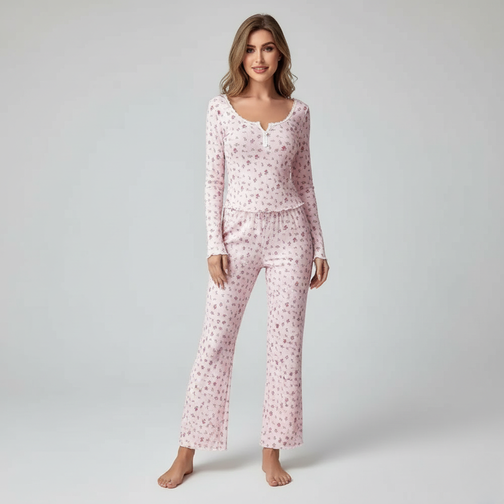 Pyjama Femme Long Fleuri – Ensemble Confort à Manches Longues
