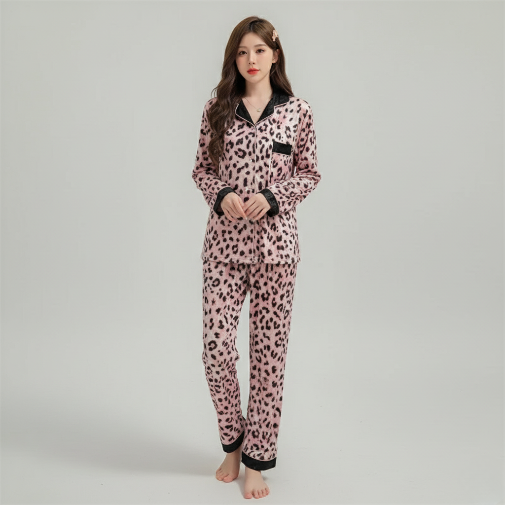 Pyjama Femme Velours – Ensemble Léopard Chaud Chemise & Pantalon