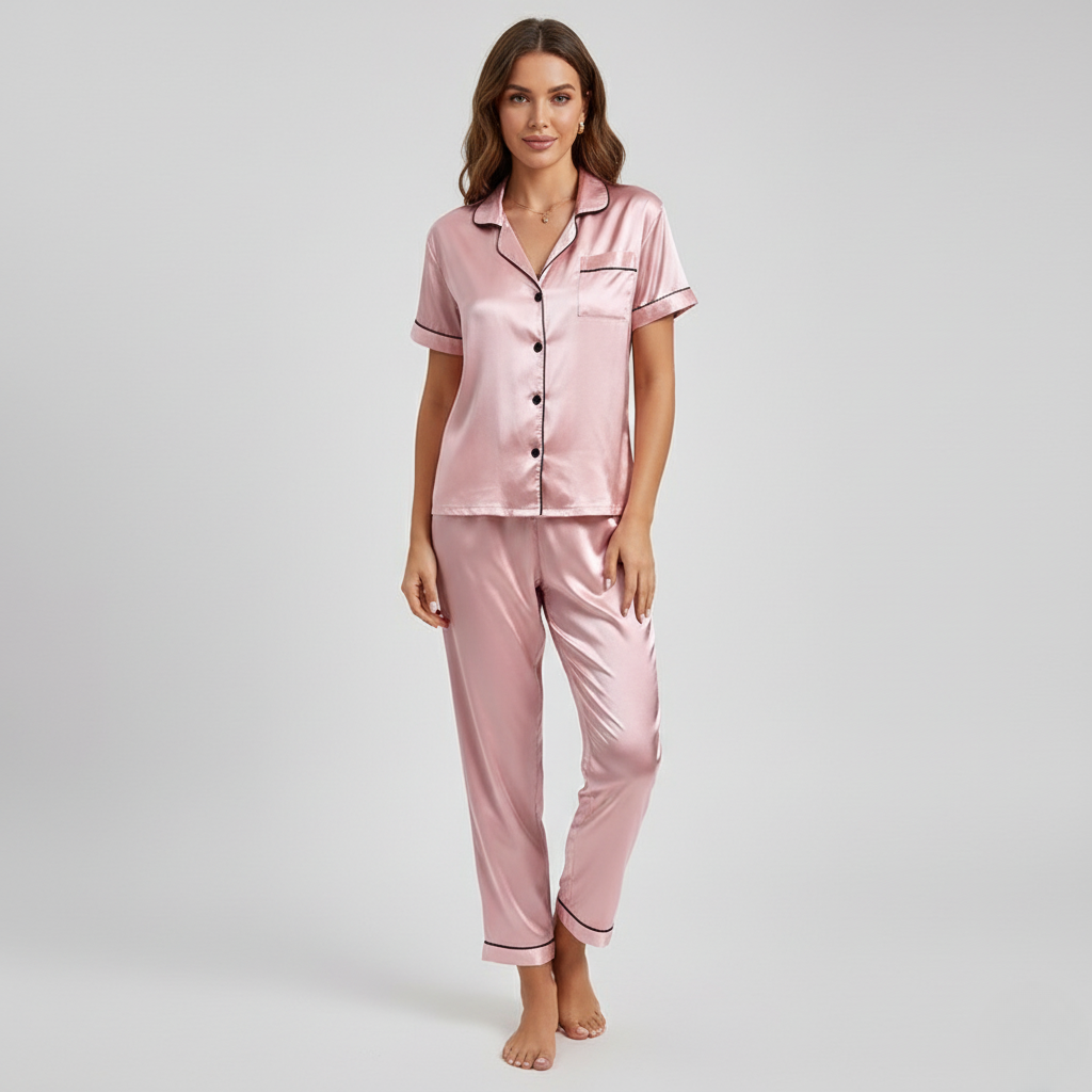 Pyjama Femme Élégant en Satin – Ensemble Chic à Manches Courtes