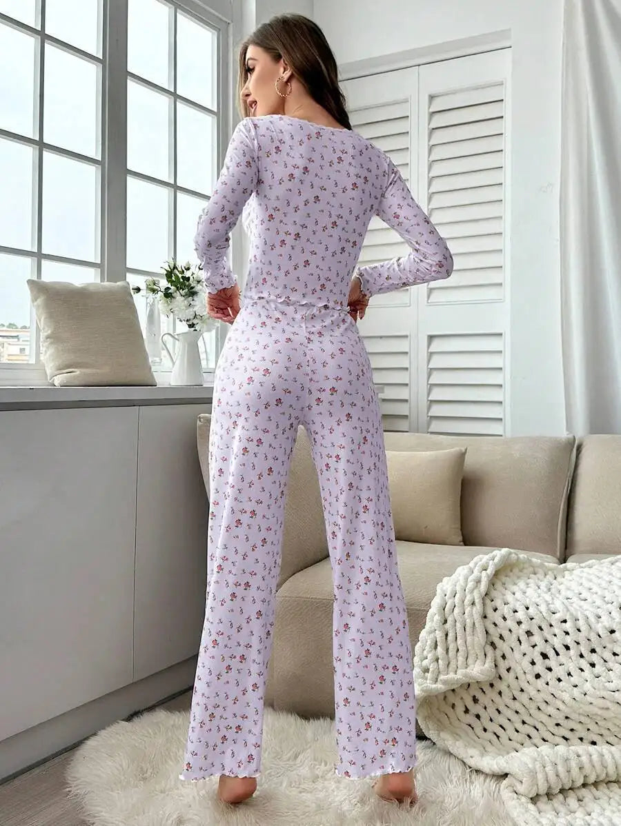 Pyjama Femme Long Fleuri – Ensemble Confort à Manches Longues