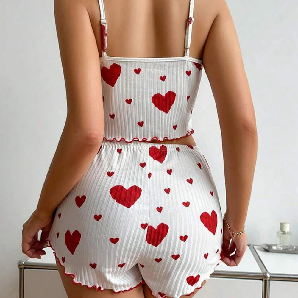 Ensemble Pyjama Femme Été – Short et Top Côtelé Imprimé Cœurs