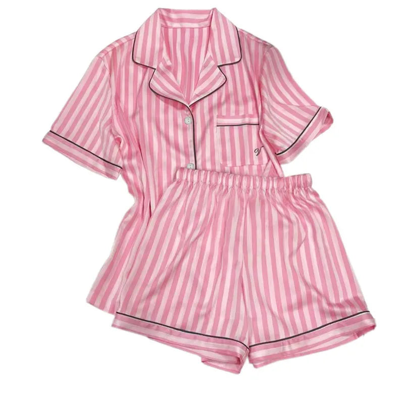 Pyjama Femme Été – Ensemble Satin Rayé Rose Chemise Courte & Short