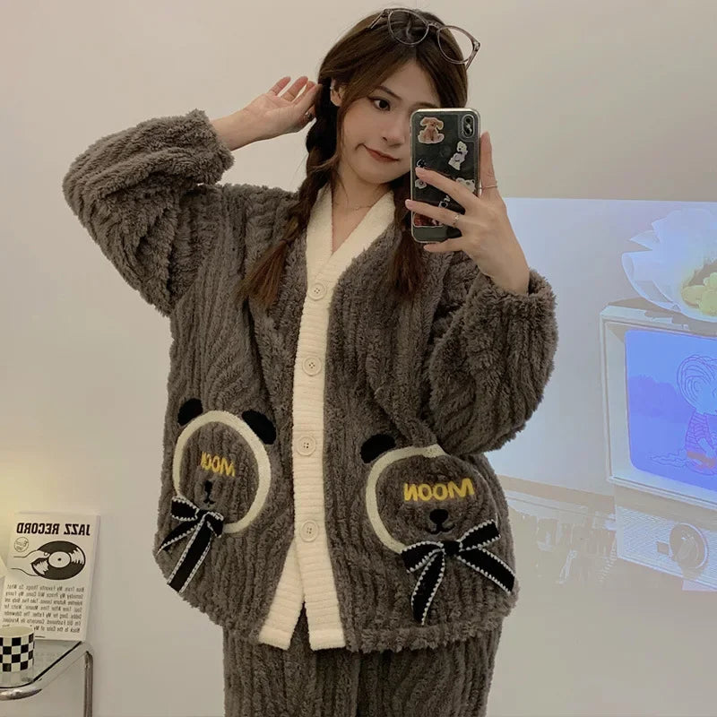 Pyjama Femme Noël – Ensemble Pilou Pilou Chaud à Motifs Festifs