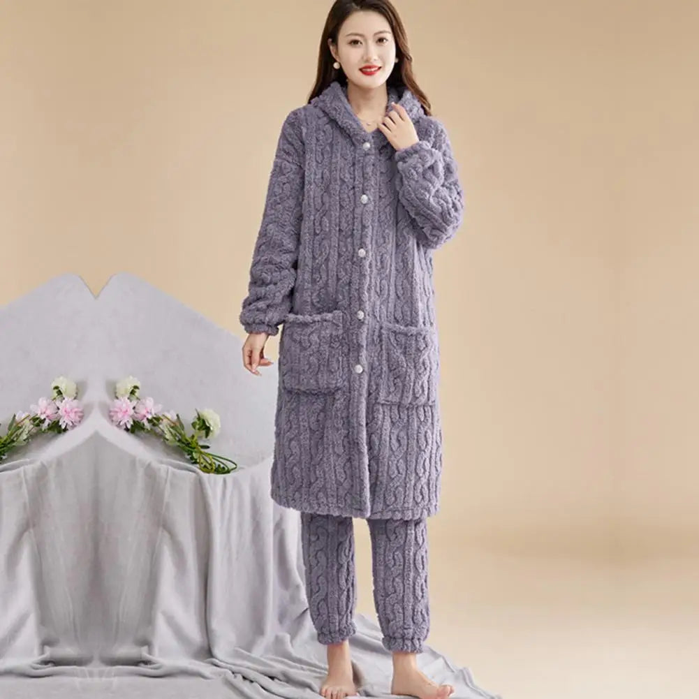 Pyjama Femme Chaud – Ensemble Long Pilou Pilou avec Capuche & Pantalon