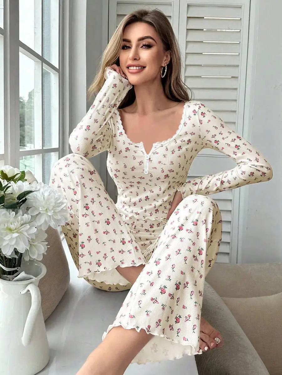 Pyjama Femme Long Fleuri – Ensemble Confort à Manches Longues