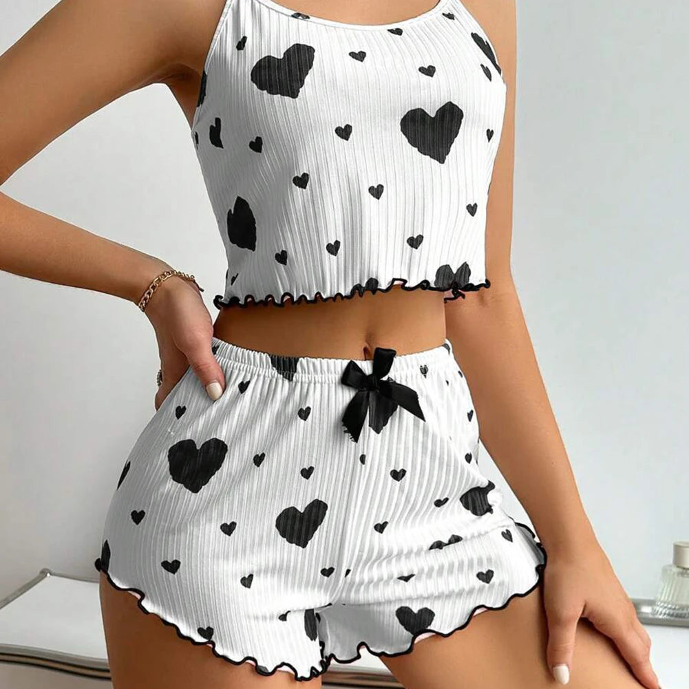 Ensemble Pyjama Femme Été – Short et Top Côtelé Imprimé Cœurs