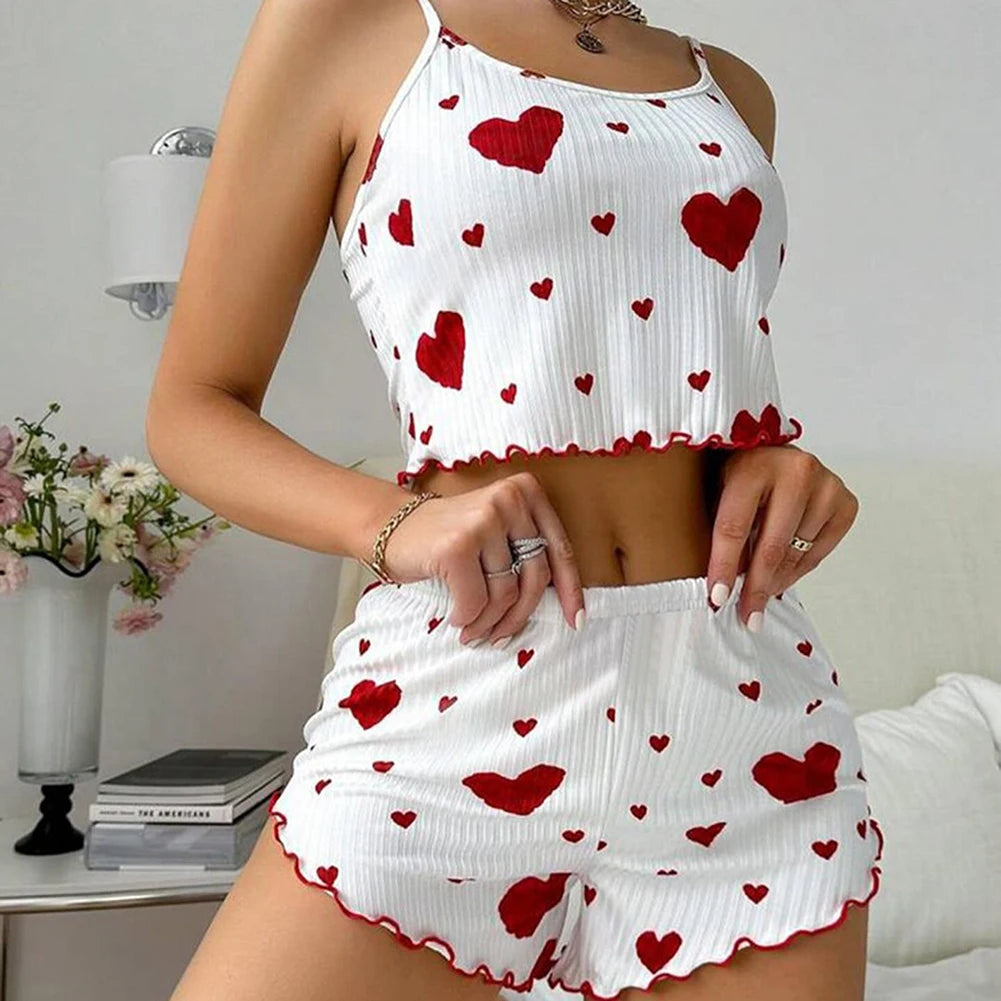 Ensemble Pyjama Femme Été – Short et Top Côtelé Imprimé Cœurs
