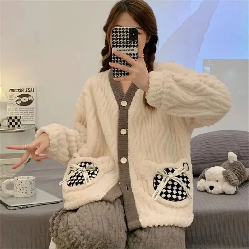 Pyjama Femme Noël – Ensemble Pilou Pilou Chaud à Motifs Festifs