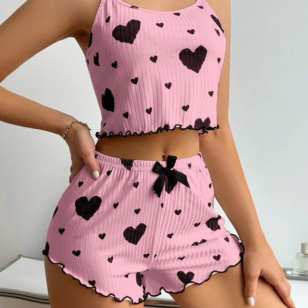 Ensemble Pyjama Femme Été – Short et Top Côtelé Imprimé Cœurs