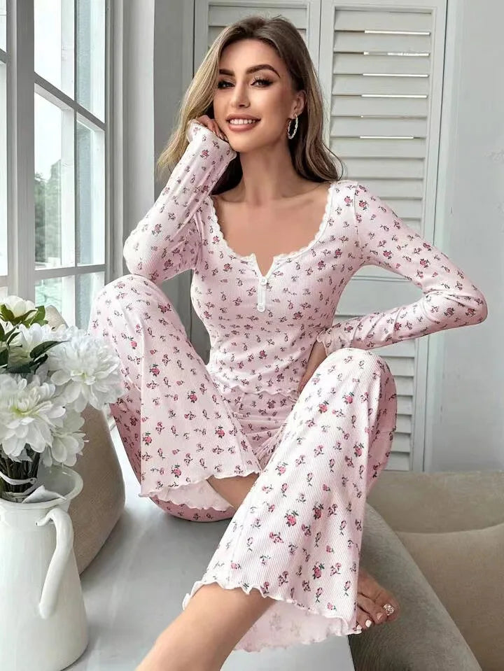 Pyjama Femme Long Fleuri – Ensemble Confort à Manches Longues