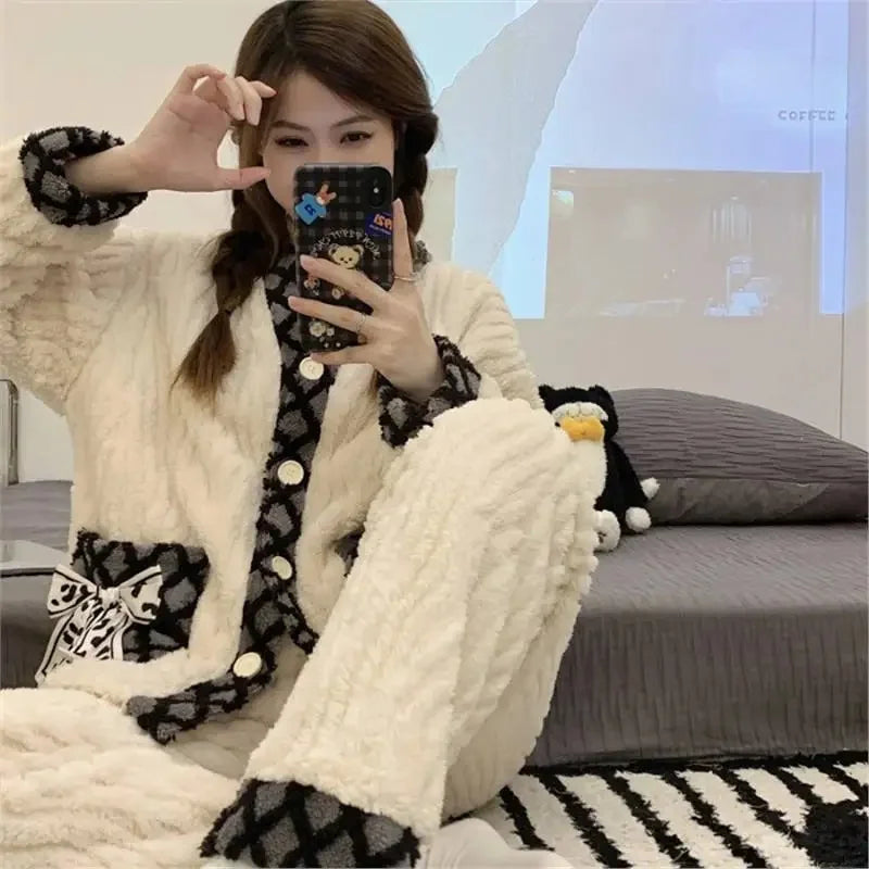 Pyjama Femme Noël – Ensemble Pilou Pilou Chaud à Motifs Festifs