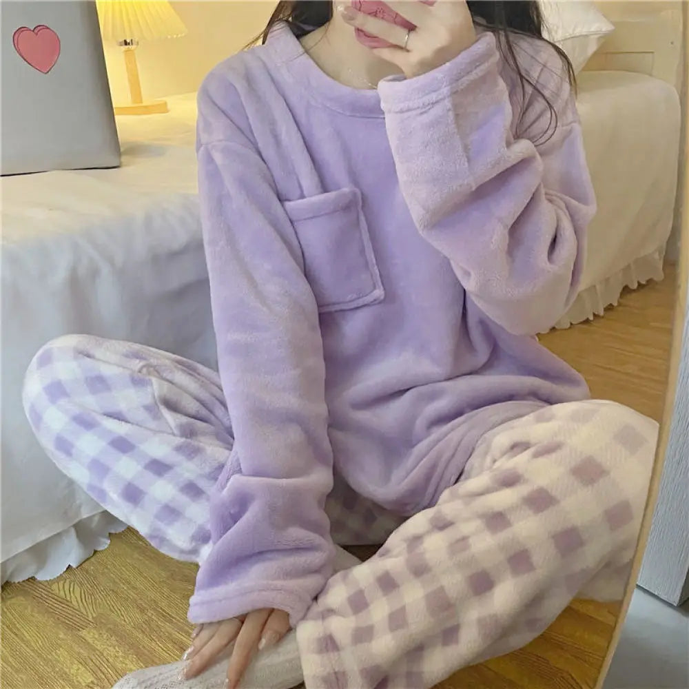 Pyjama Femme Hiver Polaire – Ensemble Chaud et Doux à Carreaux