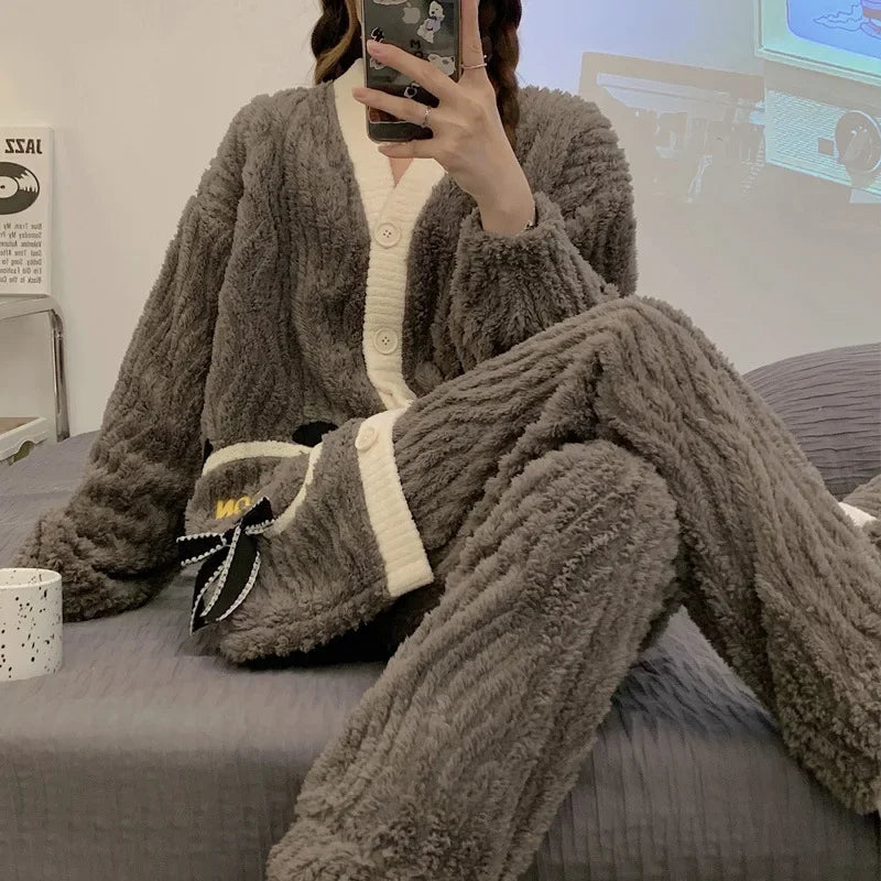 Pyjama Femme Noël – Ensemble Pilou Pilou Chaud à Motifs Festifs