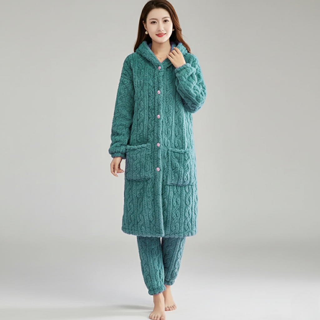 Pyjama Femme Chaud – Ensemble Long Pilou Pilou avec Capuche & Pantalon