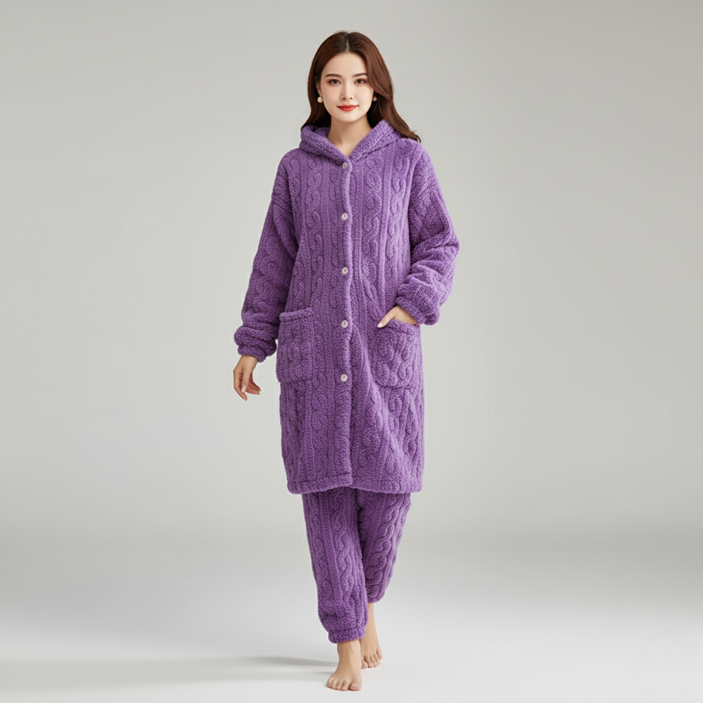 Pyjama Femme Chaud – Ensemble Long Pilou Pilou avec Capuche & Pantalon