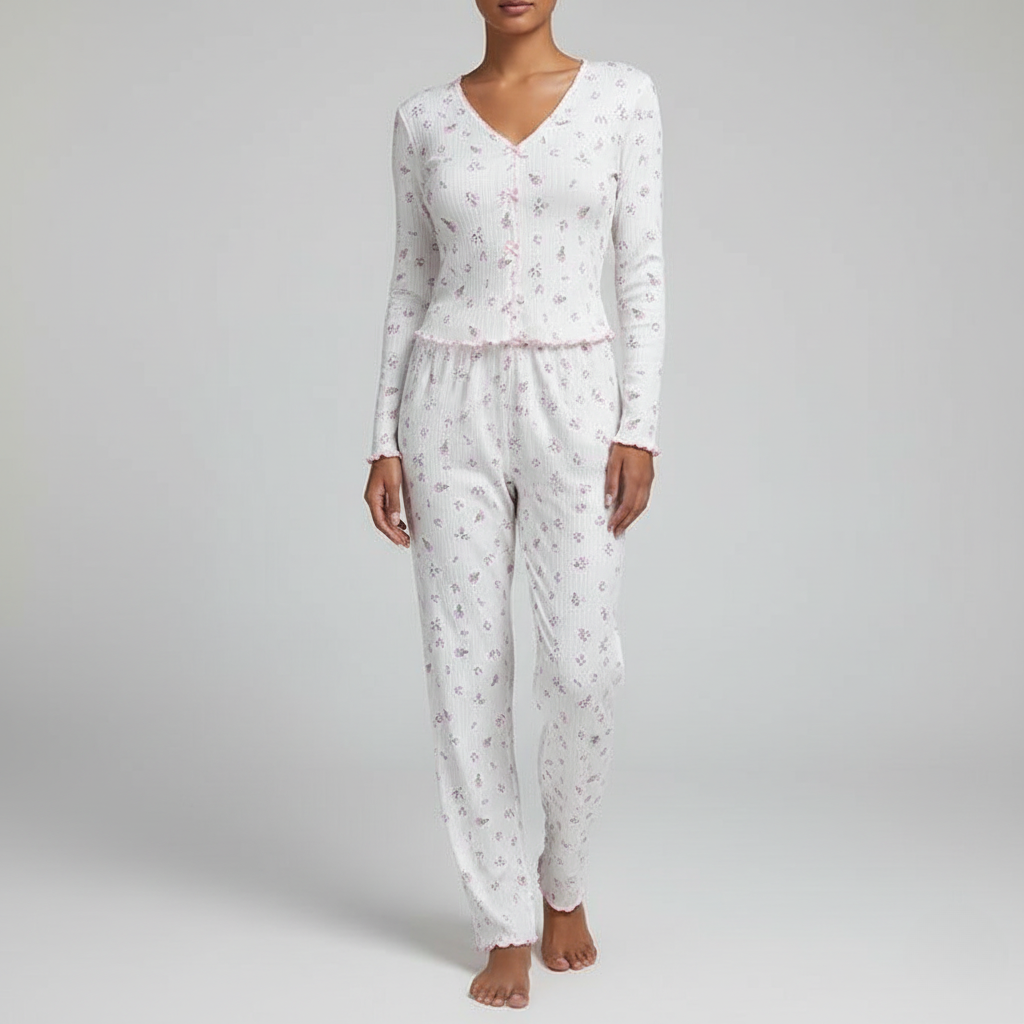 Pyjama Femme Confortable – Ensemble Fleuri Manches Longues & Pantalon