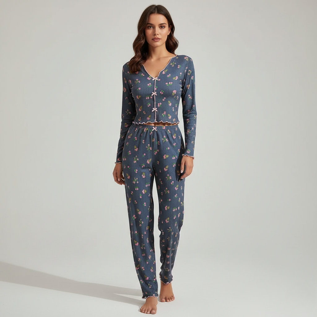 Pyjama Femme Confortable – Ensemble Fleuri Manches Longues & Pantalon