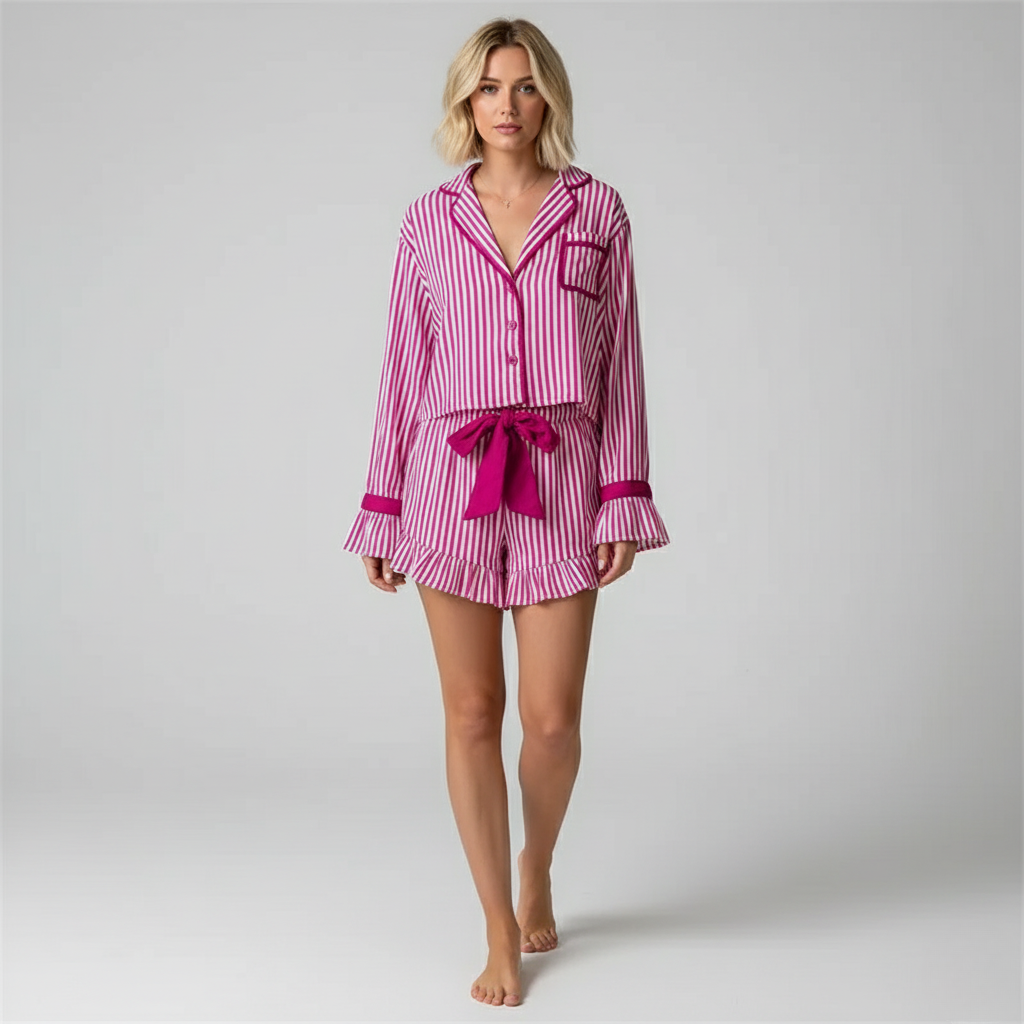 Pyjama Short Noël Femme – Ensemble Rayé Festif Chemise & Short