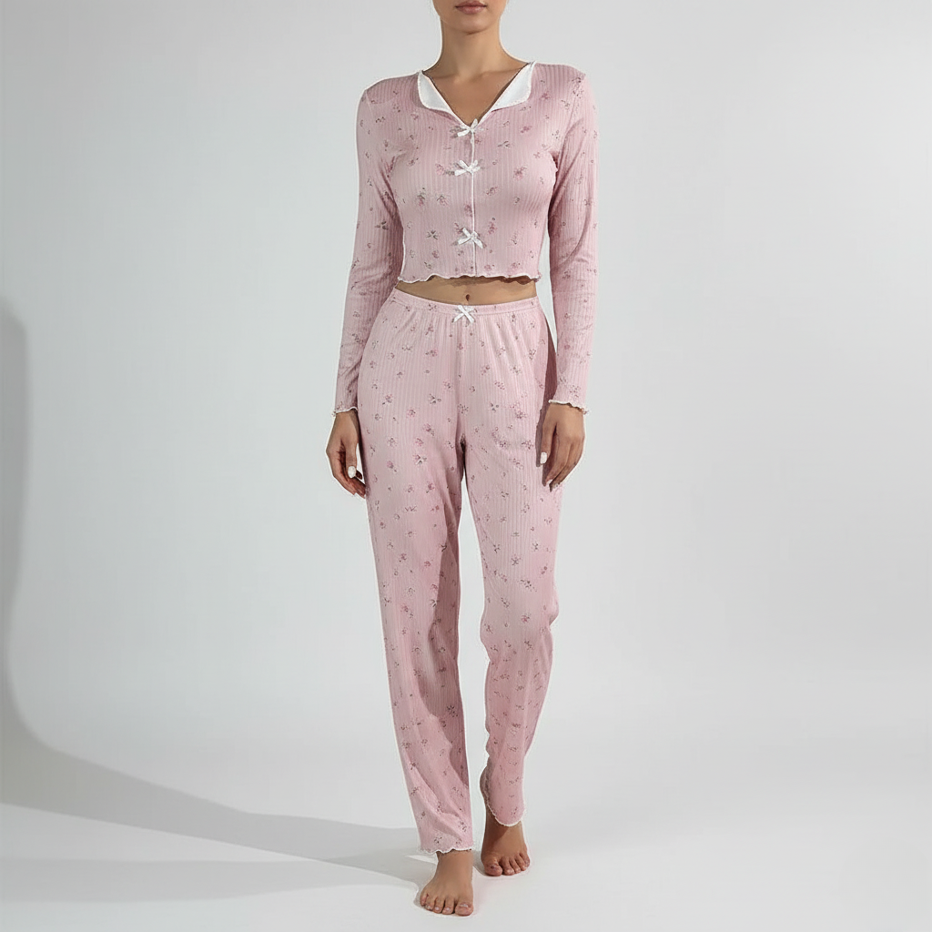 Pyjama Femme Confortable – Ensemble Fleuri Manches Longues & Pantalon